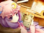  book bookmark chain chair close-up crescent desk face from_above glyph hair_ribbon hat looking_back looking_up open_book paper patchouli_knowledge pen purple_eyes purple_hair reading ribbon sakura_mikan_(chirizakura) sitting solo table touhou 