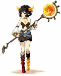  amber_(personification) amber_(stone) belt black_hair boots breasts brown_eyes celestial_stones cleavage detached_sleeves dragon fantasy jewelry knee_boots morina_nao necklace orb personification pointy_ears short_hair small_breasts solo staff 