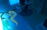  bad_id bad_pixiv_id bare_shoulders barefoot bed body_pillow capri_pants chair computer feet fetal_position from_above green_hair hatsune_miku keyboard_(computer) long_hair lying midriff monitor office_chair on_side pants pillow room solo spring_onion table tank_top twintails very_long_hair vocaloid yuanmaru 