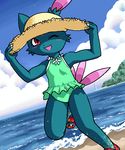  beach claws cub female g-sun hat looking_at_viewer one_eye_closed pok&eacute;mon pok&eacute;morph red_eyes sand sandals seaside sneasel solo swimsuit tail water 
