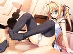  blonde_hair censored game_cg green_eyes kamiyama_reika kourin_no_machi_lavender_no_shoujo panties penis thighhighs twintails underwear yuuki_hagure 