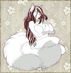  breasts canine chest female fluff fox fur green_eyes hair long_hair looking_at_viewer mammal nipples solo spottyjaguar streaks tails white white_fur 