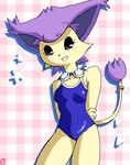  arms_behind_back blush cat delcatty feline female g-sun goggles hair looking_at_viewer pok&eacute;mon pok&eacute;morph purple_hair short_hair short_purple_hair solo standing tail tail_ring white 