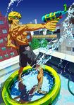  bad_id bad_pixiv_id blonde_hair city goggles grin hand_on_hip male_focus manabu_adachi muscle original reflection rooftop shirtless shorts smile solo tan wading_pool water water_gun 