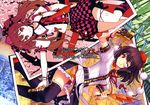  :p absurdres black_hair black_legwear brown_hair camera cellphone cellphone_camera checkered checkered_skirt collaboration fan hat highres himekaidou_hatate ideolo long_hair multiple_girls neck_ribbon necktie one_eye_closed phone pointy_ears red_eyes ribbon rotational_symmetry sayori scan shameimaru_aya short_hair skirt thighhighs tokin_hat tongue tongue_out touhou twintails upside-down 