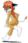  blue_eyes butt cheetah feline female hair looking_at_viewer monoai orange_hair pose red_hair short_hair solo spots standing tail 