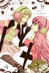  bad_id bad_pixiv_id elbow_gloves gloves green_hair grey_legwear gumi happy_synthesizer_(vocaloid) headphones headset long_hair megurine_luka multiple_girls open_mouth pantyhose pikota_(pipipi_freedom) pink_hair short_hair skirt smile striped striped_legwear vocaloid 