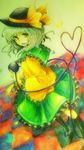  bad_id bad_pixiv_id checkered checkered_floor coco_maru colored_pencil_(medium) dutch_angle green_eyes green_hair hat komeiji_koishi light_smile short_hair solo standing third_eye touhou traditional_media white_hair 