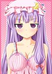  bare_shoulders bow breasts chemise cleavage close-up closed_mouth collarbone crescent face frown hair_bow hat highres jitome large_breasts long_hair neats patchouli_knowledge purple_eyes purple_hair solo touhou upper_body very_long_hair 