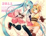  2girls aqua_eyes aqua_hair bare_shoulders black_legwear blonde_hair boots elbow_gloves flower gloves green_eyes hair_flower hair_ornament hair_ribbon hairclip hatsune_miku highres japanese_clothes kagamine_rin kimono long_hair microphone multiple_girls obi open_mouth ribbon sandals sash short_hair short_kimono smile thighhighs twintails very_long_hair vocaloid wadaka zettai_ryouiki 