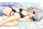  bikini blush checkered checkered_background collarbone eyepatch eyepatch_removed heterochromia infinite_stratos innertube k10k laura_bodewig long_hair lying on_side red_eyes silver_hair solo swimsuit towel twintails yellow_eyes 