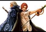  back-to-back bad_id bad_pixiv_id ben_beckman cape facial_hair goatee gun male_focus manly multiple_boys one_piece red_hair scar shanks sword tsuyomaru weapon 