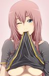  blue_eyes breasts large_breasts long_hair megurine_luka mouth_hold no10 one_eye_closed pink_hair shirt_lift smile solo underboob vocaloid 