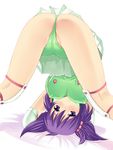  ass bent_over breasts cameltoe covered_nipples hair_bobbles hair_ornament katatsuka_kouji kneepits large_breasts panties pleated_skirt purple_eyes purple_hair revision skirt solo thong top-down_bottom-up twintails underwear upside-down wrestle_angels yuuki_chigusa 