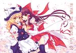  ascot black_legwear blonde_hair bow braid brown_hair detached_sleeves fingerless_gloves gloves hair_bow hakurei_reimu hat holding_hands kirisame_marisa long_hair looking_at_viewer multiple_girls riyun_(halodark) smile thighhighs touhou witch_hat yellow_eyes 