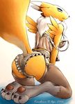  2002 bushy_tail canine digimon female fox from_behind karabiner kneeling lingerie loose_clothing pose presenting raised_tail renamon solo stockings tail 