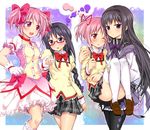  akemi_homura black_hair bow braid glasses hair_bow hair_ribbon hairband holding kaname_madoka long_hair magical_girl mahou_shoujo_madoka_magica mitakihara_school_uniform multiple_girls pantyhose pink_eyes pink_hair red-framed_eyewear ribbon role_reversal school_uniform skirt smile spoilers thighhighs tsujigiri twin_braids twintails yuri zettai_ryouiki 