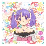  bad_id bad_pixiv_id bare_shoulders check_(check_book) earrings flower fractale hair_flower hair_ornament jewelry necklace nessa off_shoulder purple_hair smile solo twintails 