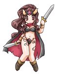  armor bad_id bad_pixiv_id bikini_armor black_armor breasts brown_eyes brown_hair cape cleavage dual_wielding full_body headband holding horns long_hair medium_breasts mirienu_(monster_maker) monster_maker okuri_ookami ponytail shoes sidelocks simple_background solo sword weapon white_background wrist_cuffs 