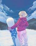  blonde_hair blue_eyes cloud day from_behind gloves hood hood_down hoodie looking_at_viewer looking_back lowres original sky snow snowboard solo weno weno's_blonde_original_character 