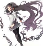  akemi_homura black_hair broken chain fkey floating_hair foreshortening from_behind hairband highres jpeg_artifacts long_hair looking_back mahou_shoujo_madoka_magica pantyhose profile purple_eyes running simple_background solo very_long_hair 