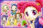  asuka_momoko finger_to_mouth fujiwara_hazuki harukaze_doremi kumasato_kumako lowres majorika makihatayama_hana marker_(medium) multiple_girls musical_note ojamajo_doremi one_eye_closed pink_eyes pink_hair segawa_onpu senoo_aiko traditional_media twintails 