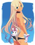  adjusting_clothes adjusting_swimsuit ass bad_id bad_pixiv_id bikini_bottom blonde_hair blue_eyes blush breasts bunny collar gloves highres hime_cut long_hair looking_back medium_breasts original sama simple_background solo swimsuit tan tanline topless very_long_hair 