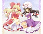  ascot black_hair blonde_hair bow breasts brown_eyes cosplay costume_switch dress elbow_gloves gloves hair_bow hakurei_reimu hakurei_reimu_(cosplay) hat large_breasts midriff multiple_girls purple_hair sandals sen1986 skirt tabi touhou white_gloves yakumo_yukari yakumo_yukari_(cosplay) 