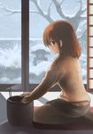  akatsuki_miho akemiho_tabi_nikki brown_hair green_eyes kneeling kouno_hikaru skirt smile snow solo sweater 