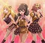  4hands amami_haruka black_hair blonde_hair boots brown_hair don_michael earrings frills ganaha_hibiki gloves green_eyes hoshii_miki idolmaster idolmaster_(classic) jewelry long_hair microphone multiple_girls ponytail short_hair short_shorts shorts 