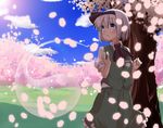  ascot blue_eyes blue_sky cherry_blossoms cloud day dress ghost green_dress hair_ribbon hitodama katanakko_daisuki konpaku_youmu konpaku_youmu_(ghost) revision ribbon silver_hair sky solo touhou tree vest white_hair 