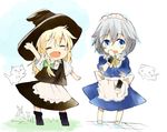  blonde_hair blue_eyes blush cat chibi closed_eyes hand_to_own_mouth hat izayoi_sakuya kirisame_marisa maid maid_headdress multiple_girls ogawa_maiko open_mouth smile touhou waving 