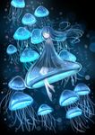  aqua_eyes bad_id bad_pixiv_id blue_hair bubble glowing highres jellyfish long_hair mia0309 original personification sketch solo underwater water 