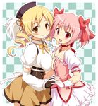  asymmetrical_docking beret blonde_hair blush breast_press breasts bubble_skirt checkered checkered_background drill_hair fingerless_gloves gloves hat highres holding_hands kaname_madoka long_hair magical_girl mahou_shoujo_madoka_magica medium_breasts multiple_girls pink_eyes pink_hair puffy_sleeves short_hair skirt small_breasts smile tomoe_mami twintails yamasan yellow_eyes 