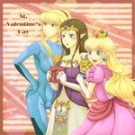  bad_id bad_pixiv_id blonde_hair blue_eyes bodysuit brown_hair crown dress gloves long_hair mario_(series) metroid multiple_girls pink_dress pointy_ears ponytail princess_peach princess_zelda saiba_(henrietta) samus_aran smile super_mario_bros. super_smash_bros. the_legend_of_zelda the_legend_of_zelda:_twilight_princess valentine zero_suit 