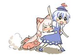  &gt;_&lt; 2girls :&lt; chibi closed_eyes fujiwara_no_mokou holding hug hug_from_behind kamishirasawa_keine mokuyou multiple_girls touhou 