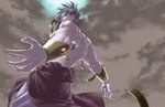  broly cloud clouds dragon_ball dragonball_z epic fighting_pose green_hair grey_hair male male_focus manly muscle outdoors red_eyes sky solo 