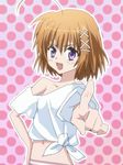  ahoge bad_id bad_pixiv_id brown_hair fang haruna_(kore_wa_zombie_desu_ka?) kanazawa_hiromu kore_wa_zombie_desu_ka? midriff navel off_shoulder open_mouth shirt solo tied_shirt 