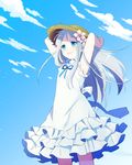  :d ano_hi_mita_hana_no_namae_wo_bokutachi_wa_mada_shiranai. aqua_eyes armpits arms_behind_head bad_id bad_pixiv_id cloud day dress flower hair_flower hair_ornament hat honma_meiko long_hair open_mouth silver_hair sky sleeveless smile solo straw_hat yuuki_(moon_child) 