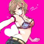  america_(hetalia) armpits axis_powers_hetalia belt blonde_hair blue_eyes bra denim denim_shorts genderswap genderswap_(mtf) hachi_(aimu) hair_ornament hairclip lingerie lowres one_eye_closed shorts solo underwear 