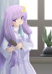  bad_id bad_pixiv_id bangs blunt_bangs blush crescent crescent_hair_ornament hair_brush hair_brushing hair_ornament hairdressing iganseijin long_hair mouth_hold no_hat no_headwear patchouli_knowledge purple_eyes purple_hair ribbon smile solo touhou window 