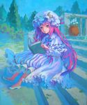  absurdres acrylic_paint_(medium) ama-tou blue book crescent flower hat highres light_smile long_hair no_socks patchouli_knowledge pink_hair plant potted_plant purple_hair reading sitting sitting_on_stairs solo stairs touhou traditional_media tree 