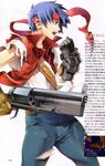  ahoge angry bandages belt blue_hair brown_eyes denim gauntlets gloves gun headband jeans male_focus official_art ooba_wakako open_mouth pants red_vest rody_roughnight scan shirt vest weapon wild_arms wild_arms_1 