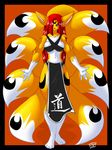  2007 bra breasts canine chalo face_markings female fox hair kitsune leg_markings long_hair long_red_hair looking_at_viewer multiple_tails navel orange purple_eyes red_hair skimpy solo standing tail 