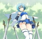 bare_shoulders blue_eyes blue_hair cape ekra field_of_blades from_below frown hand_on_hip mahou_shoujo_madoka_magica miki_sayaka outstretched_hand panties planted_sword planted_weapon pleated_skirt short_hair skirt solo striped striped_panties sword thighhighs underwear upskirt weapon white_legwear 