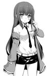  bad_id bad_pixiv_id bare_legs greyscale jacket long_hair makise_kurisu monochrome necktie no_legwear rokushou_kokuu shorts solo steins;gate 