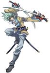  belt beret boots coat cota dual_wielding full_body green_hair grey_eyes grin hat holding knee_boots male_focus pants scabbard sheath simple_background smile solo spada_belforma sword tales_of_(series) tales_of_innocence weapon white_background 