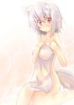  absurdres animal_ears breasts collarbone covering highres inubashiri_momiji md5_mismatch medium_breasts nijou_makoto nude nude_cover red_eyes short_hair silver_hair sitting solo tail touhou towel wariza white_hair wolf_ears wolf_tail 