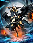  black_hair black_legwear black_wings claws copyright_request earrings elbow_gloves fire genzoman gloves jewelry magic_circle moon solo thighhighs wings 