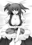  blush breasts cleavage crossed_arms fang greyscale hair_bobbles hair_ornament kazami_chiu large_breasts lying monochrome onozuka_komachi solo touhou two_side_up 